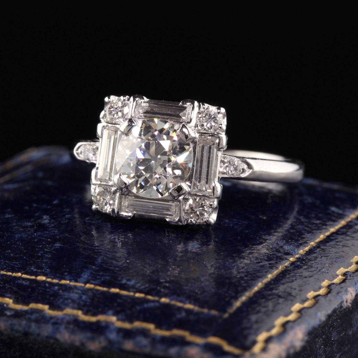 Antique Art Deco Platinum Old European Cut Diamond Baguette Engagement Ring