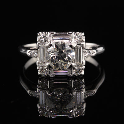 Antique Art Deco Platinum Old European Cut Diamond Baguette Engagement Ring