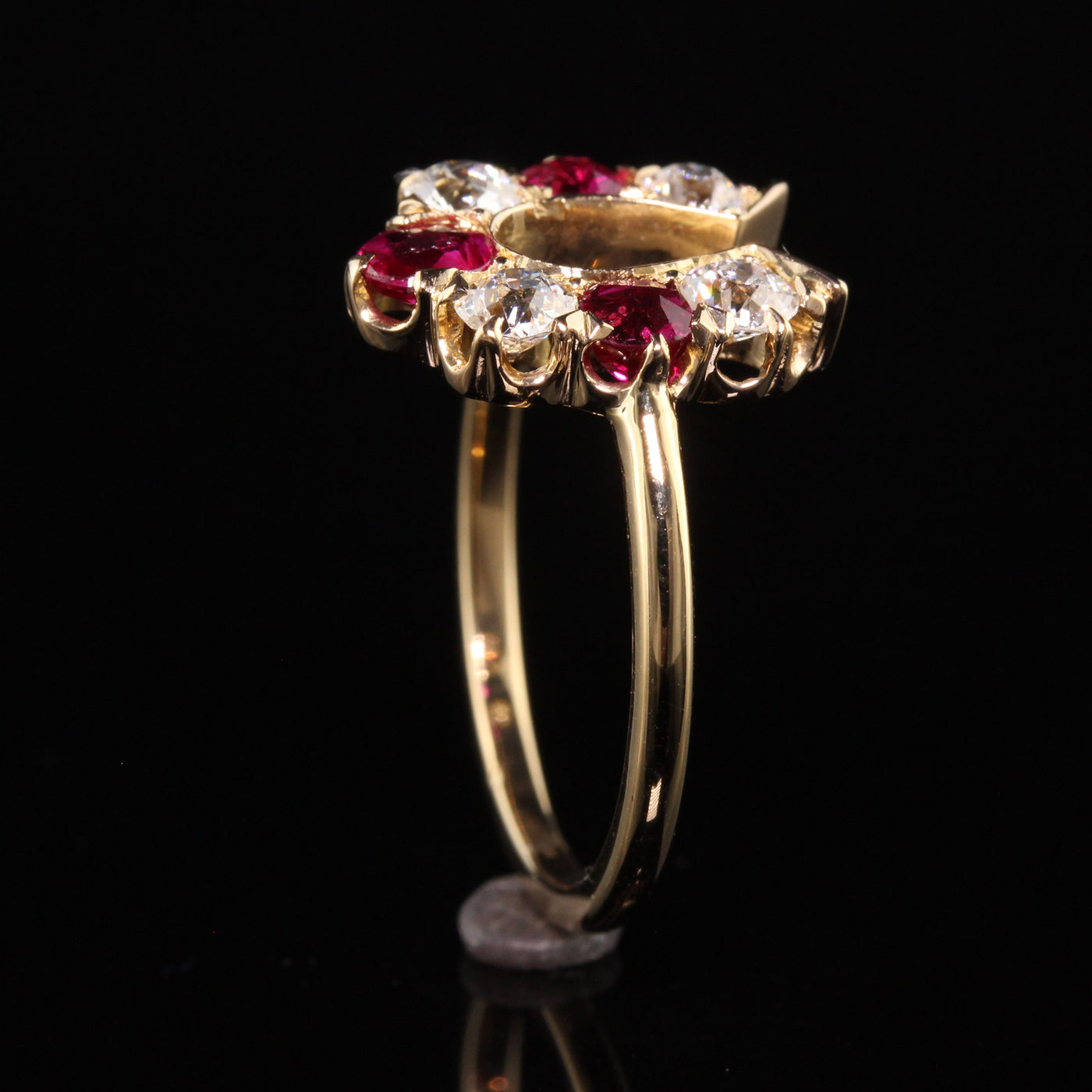 Antique Victorian 18K Yellow Gold Old Mine Diamond and Ruby Horseshoe Ring