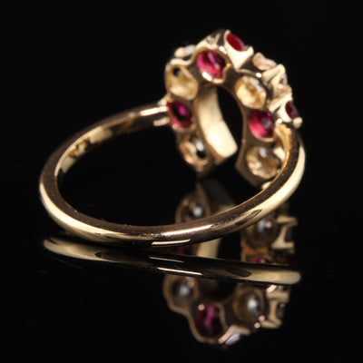 Antique Victorian 18K Yellow Gold Old Mine Diamond and Ruby Horseshoe Ring