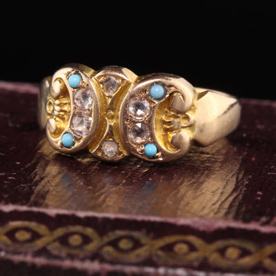 Antique Victorian English 15K Yellow Gold Rose Cut Diamond and Turquoise Ring