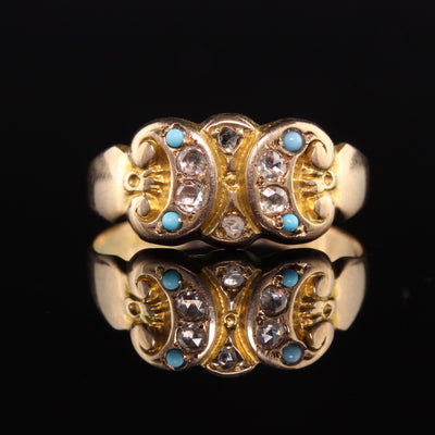 Antique Victorian English 15K Yellow Gold Rose Cut Diamond and Turquoise Ring