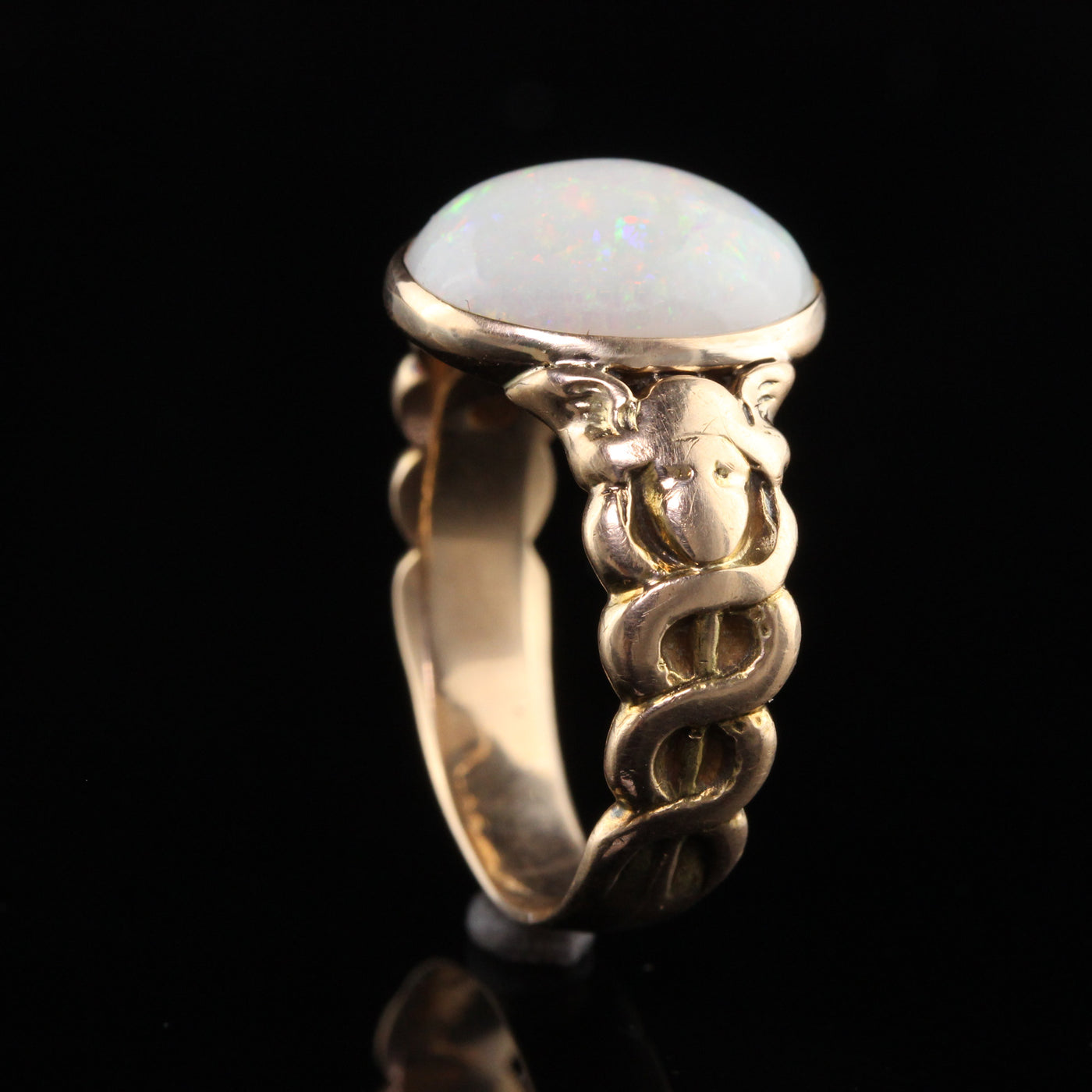 Antique Victorian 15K Yellow Gold Opal Asclepios Carved Ring