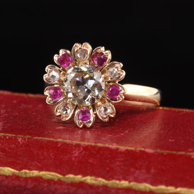 Antique Victorian 18K Yellow Gold Old European Cut Diamond Flower Engagement Ring