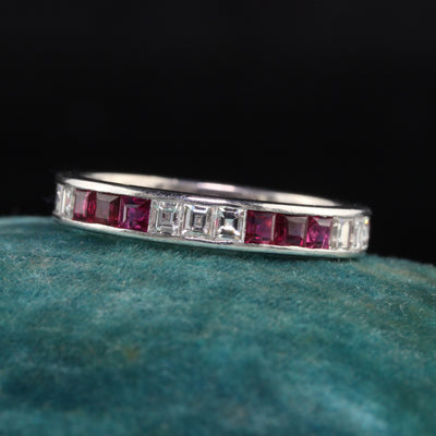 Antique Art Deco 18K White Gold Carre Cut Diamond and Ruby Wedding Band - Size 7.5