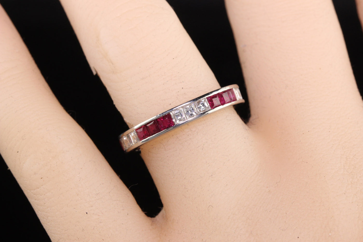 Antique Art Deco 18K White Gold Carre Cut Diamond and Ruby Wedding Band - Size 7.5