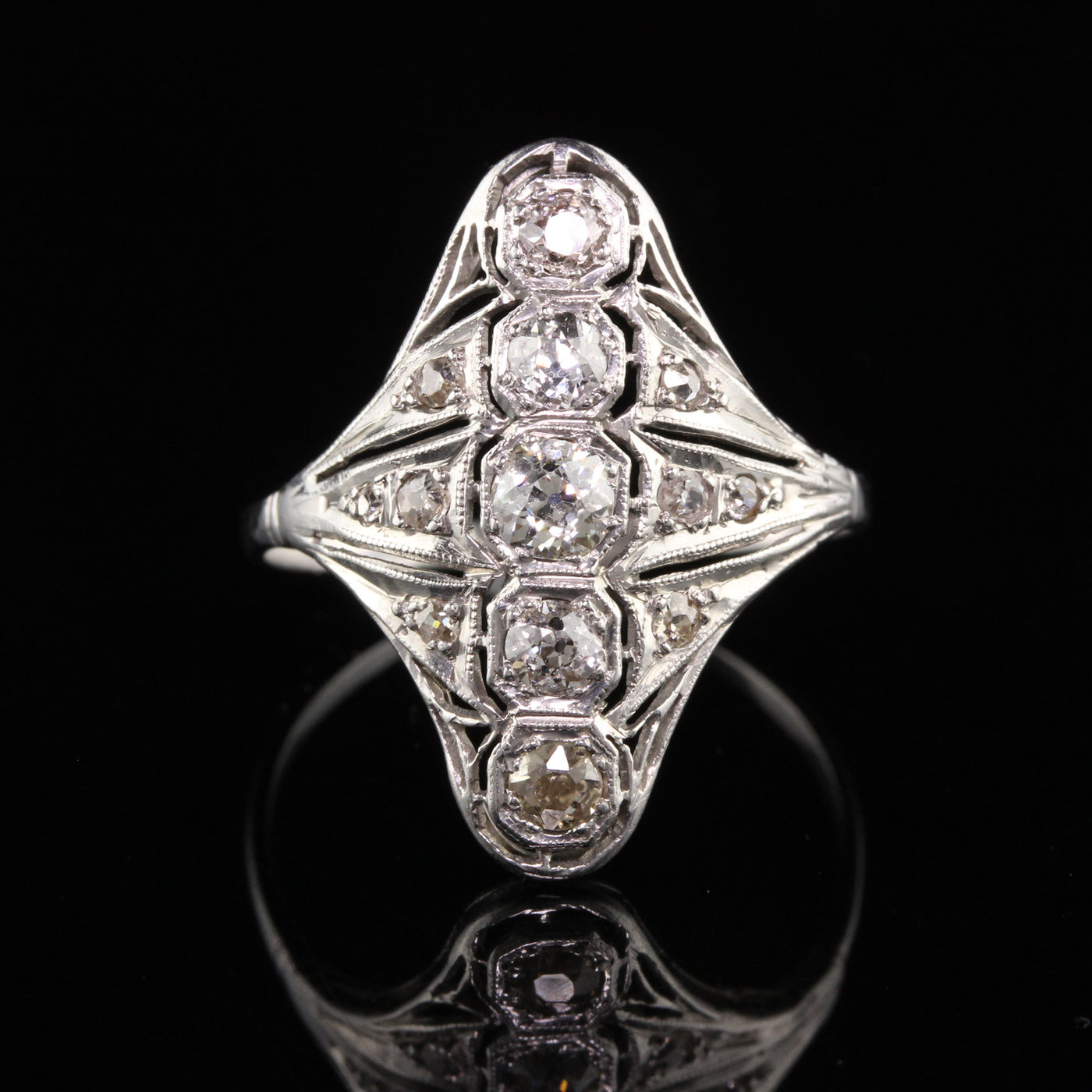 Antique Art Deco Platinum Old European Cut Diamond Filigree Shield Ring