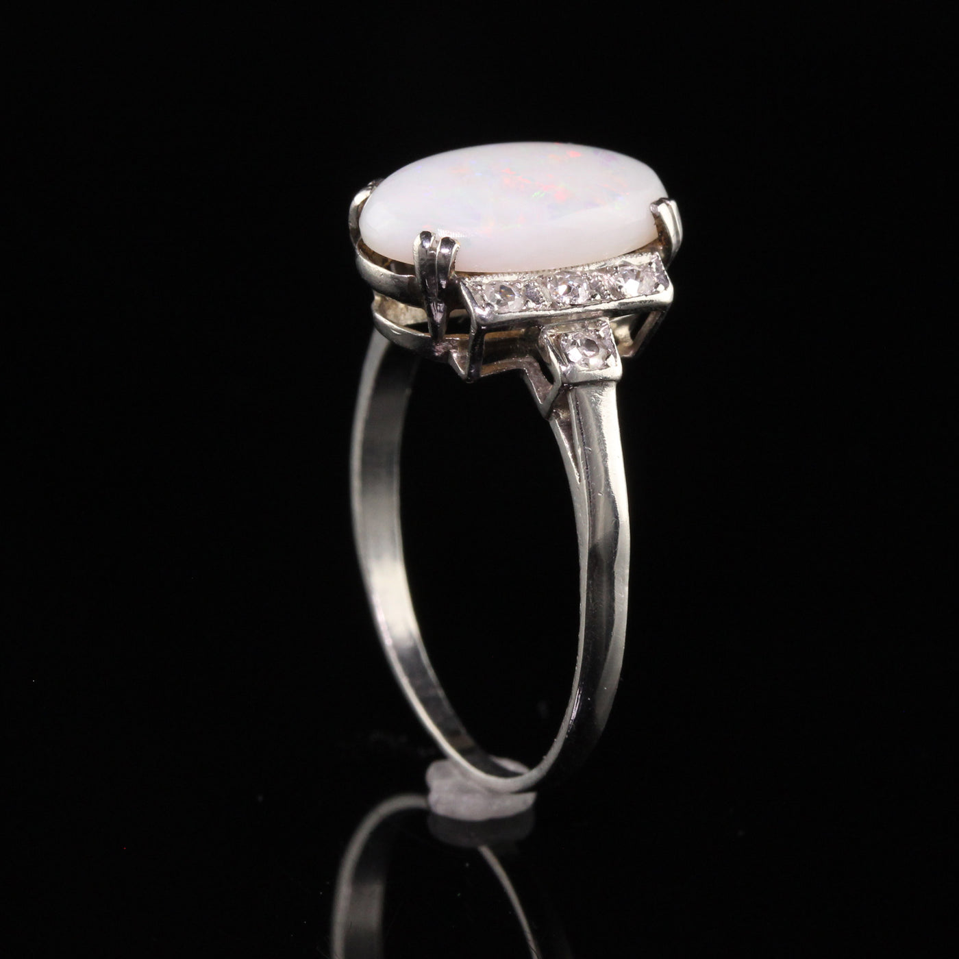 Antique Art Deco Platinum Opal and Diamond Engagement Ring