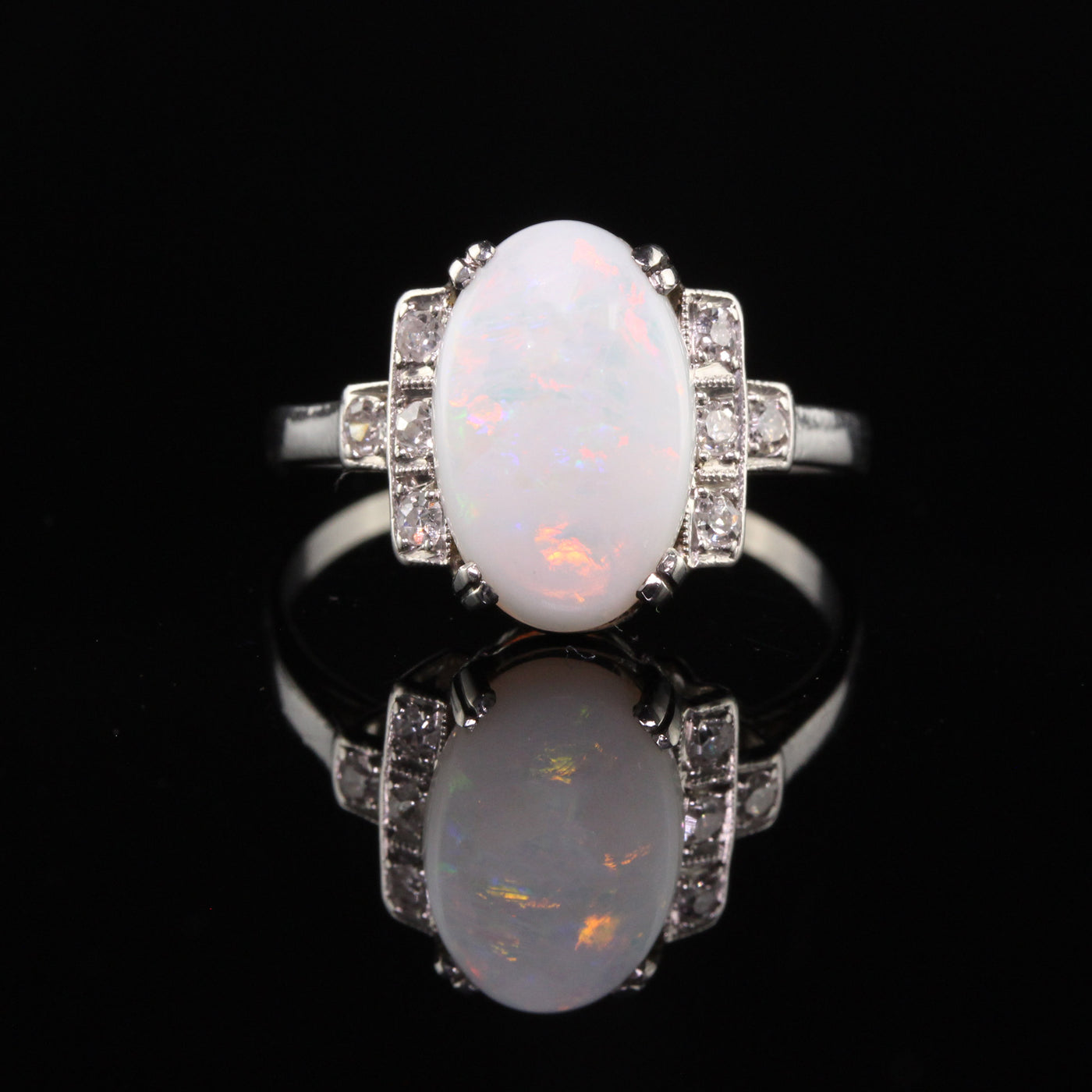 Antique Art Deco Platinum Opal and Diamond Engagement Ring