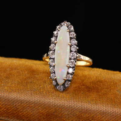 Antique Victorian 14K Yellow Gold Silver Top Opal and Old Mine Diamond Ring