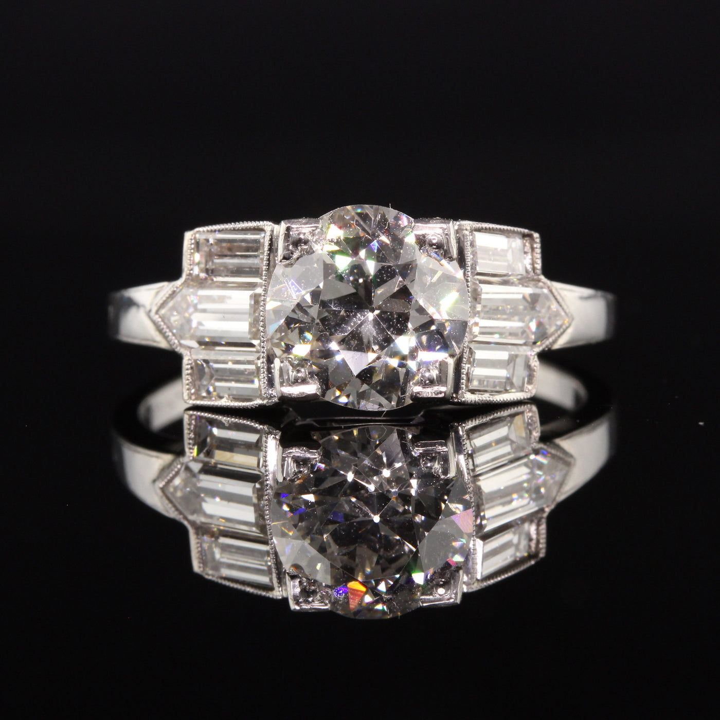 Antique Art Deco Platinum Old European Diamond Baguette Engagement Ring - GIA