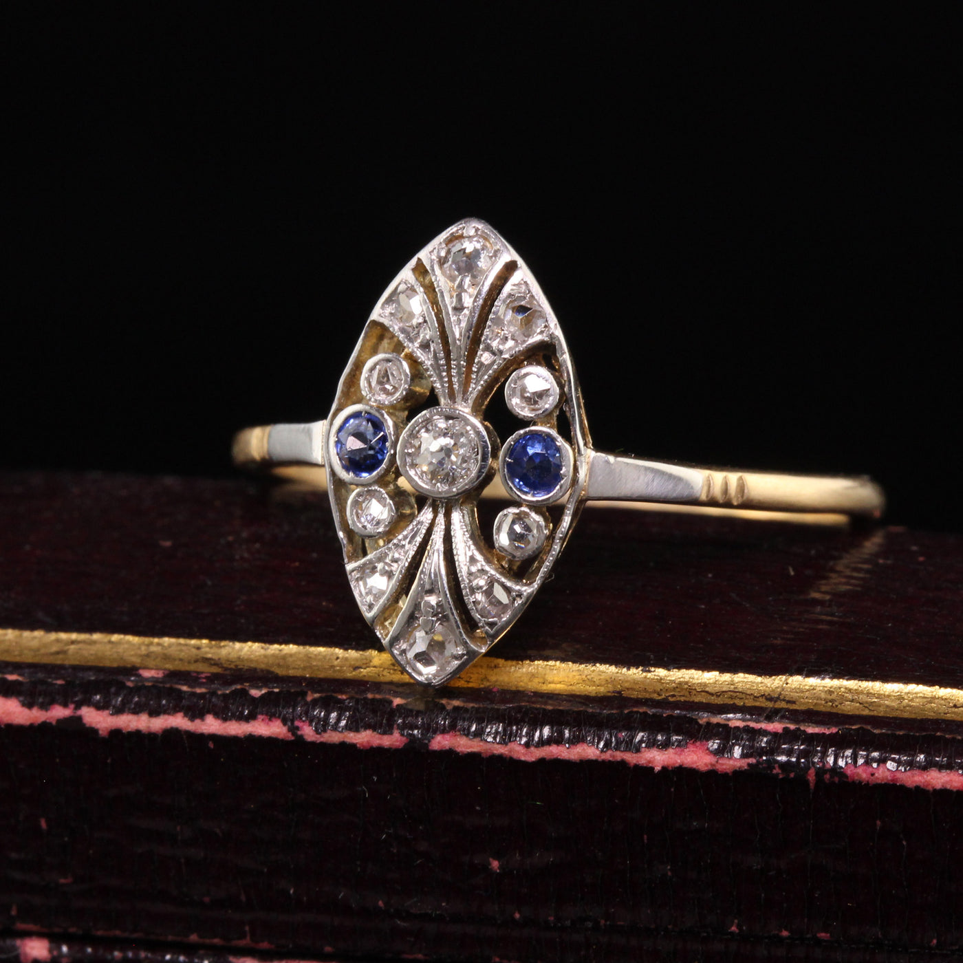 Antique Edwardian 18K Yellow Gold and Platinum Diamond Sapphire Ring