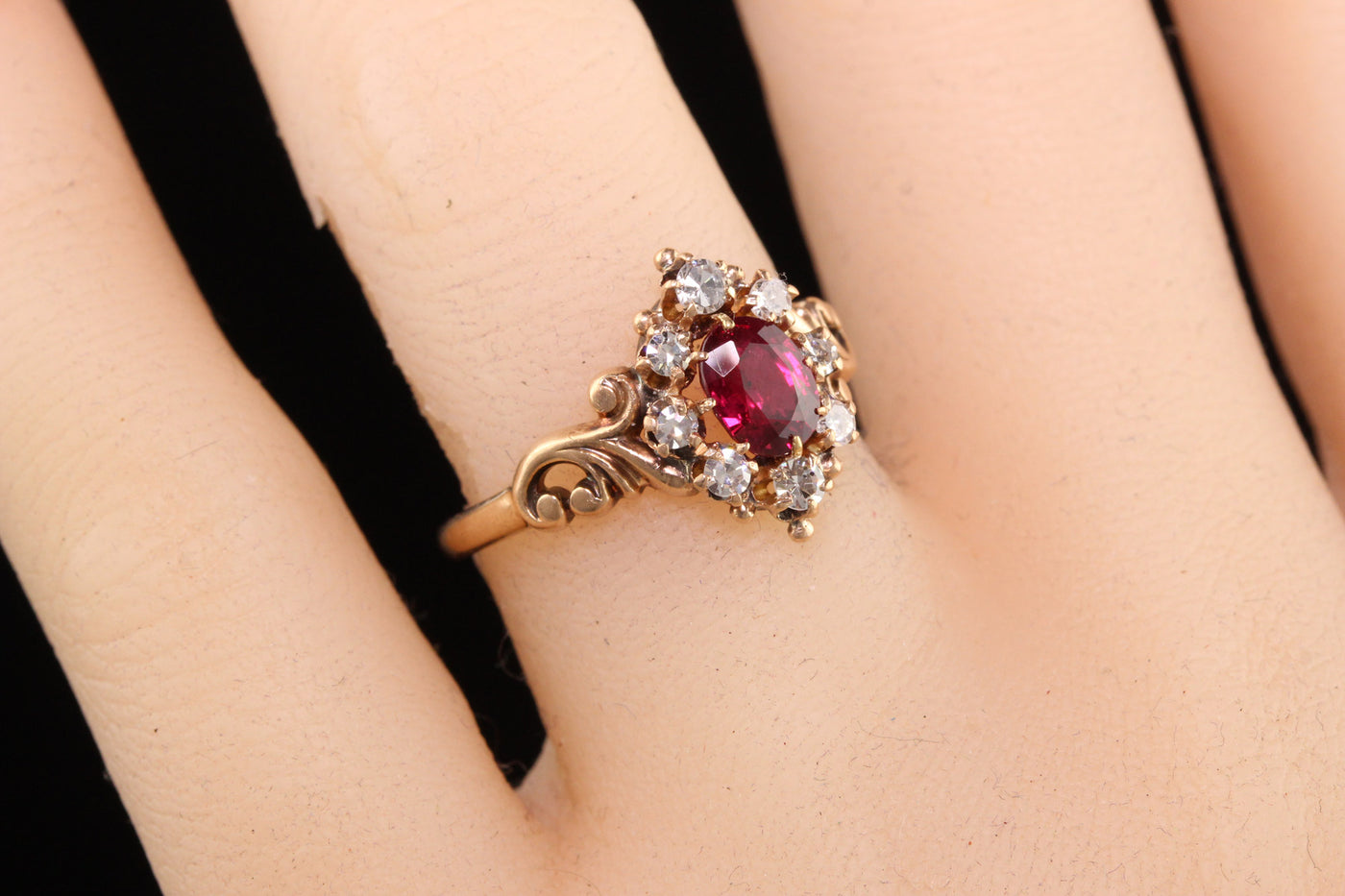 Antique Victorian 9K Yellow Gold Ruby and Diamond Halo Engagement Ring