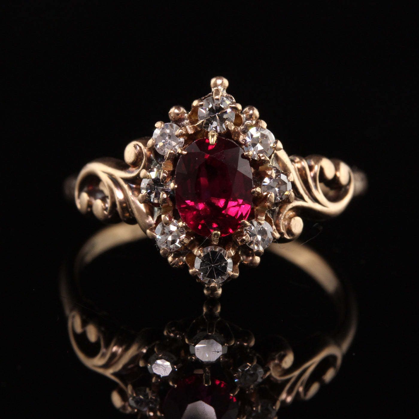 Antique Victorian 9K Yellow Gold Ruby and Diamond Halo Engagement Ring