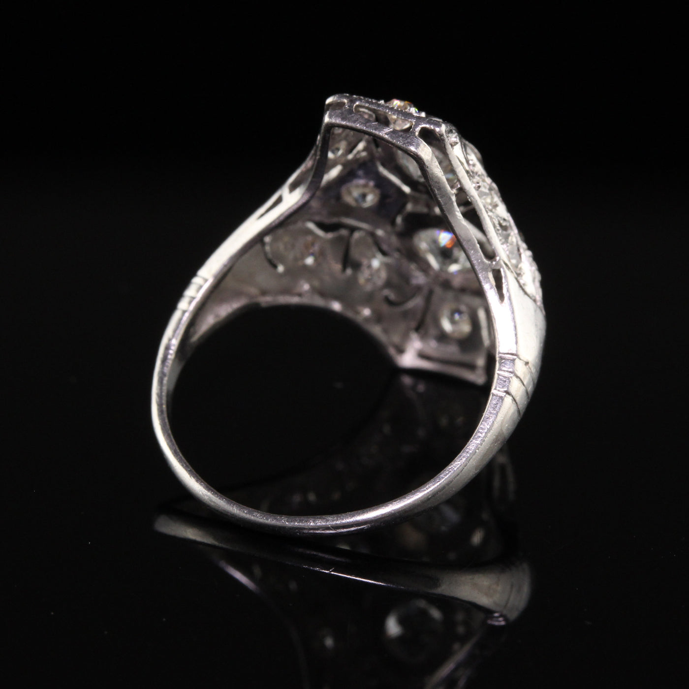 Antique Art Deco Platinum Two Stone Diamond Filigree Shield Ring