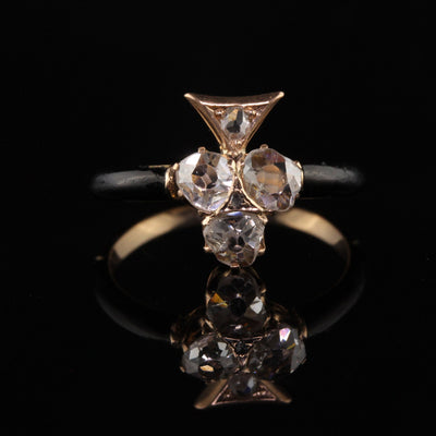 Antique Victorian 18K Yellow Gold Rose Cut Diamond Enamel Clover Ring