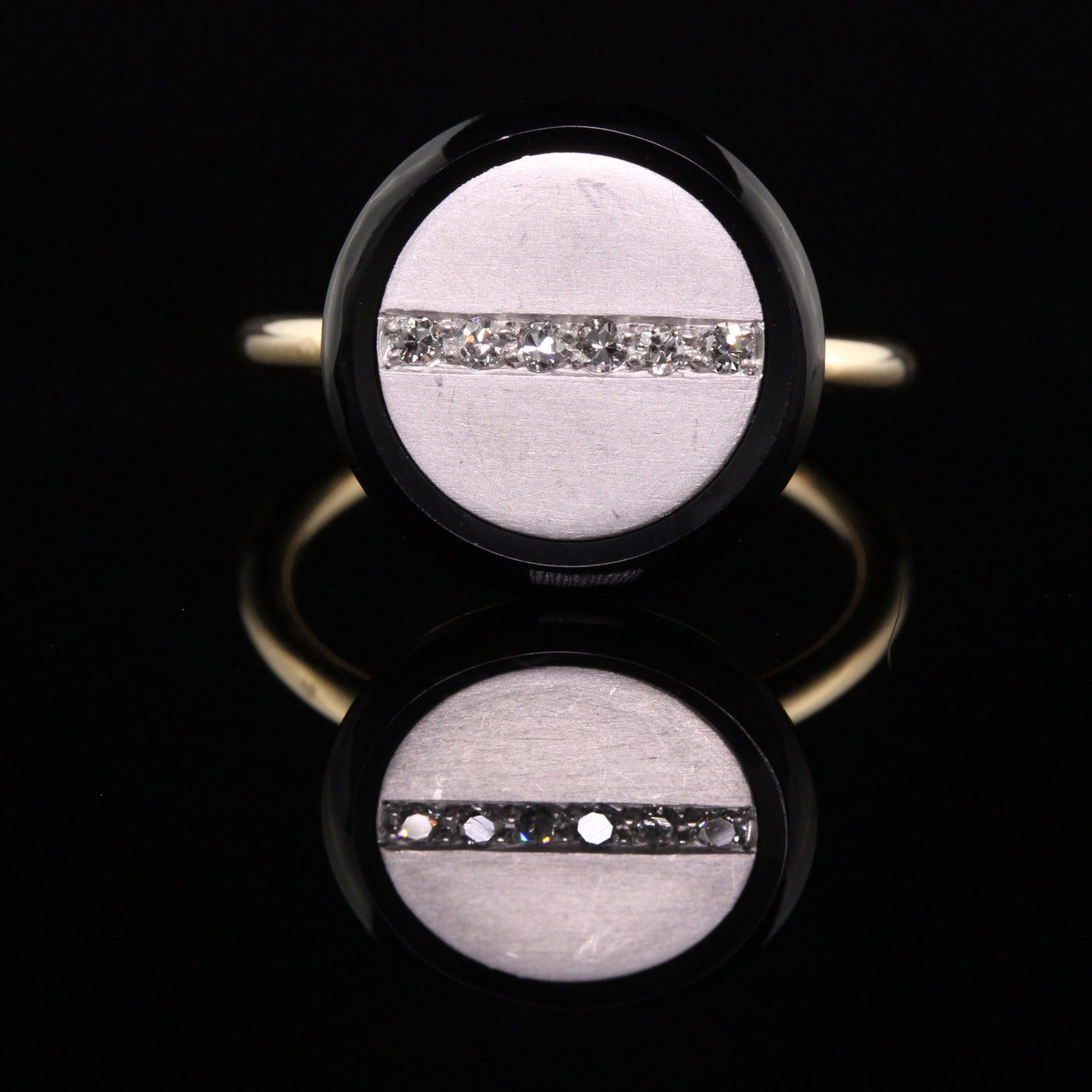 Antique Art Deco 14K Yellow Gold Platinum Onyx Diamond Button Ring