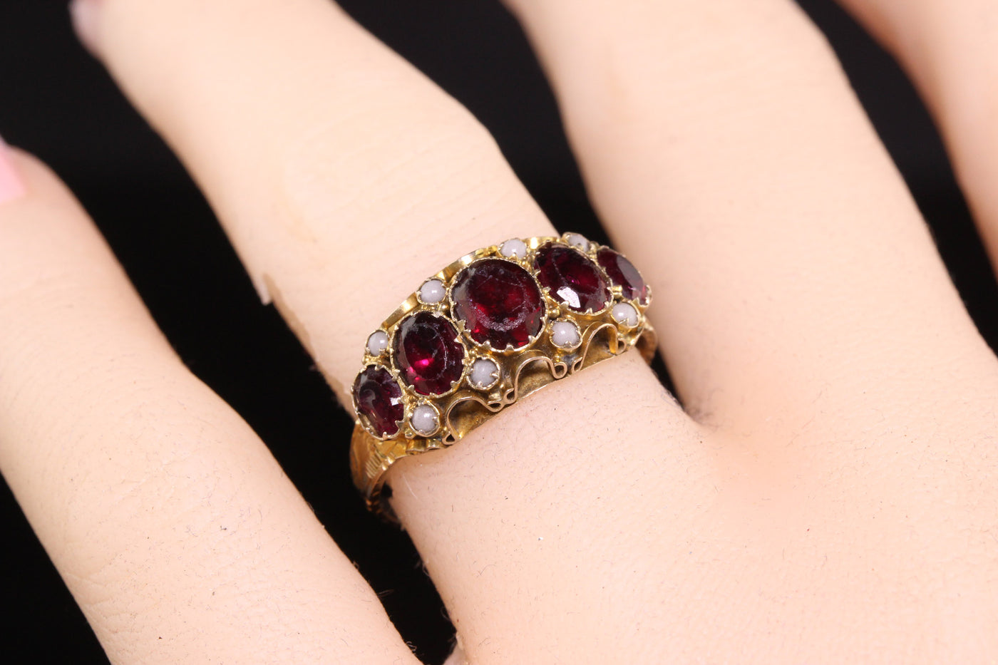 Antique Victorian 9K Yellow Gold Garnet and Seed Pearl Five Stone Ring