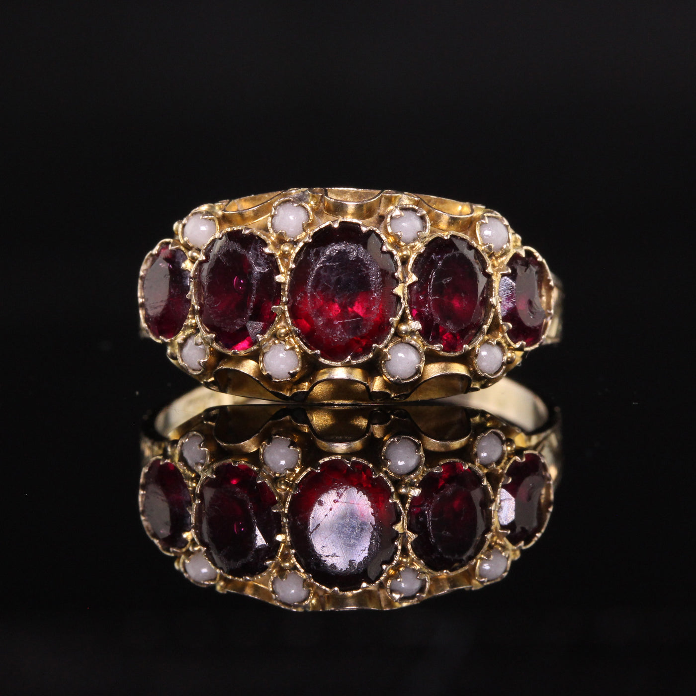Antique Victorian 9K Yellow Gold Garnet and Seed Pearl Five Stone Ring