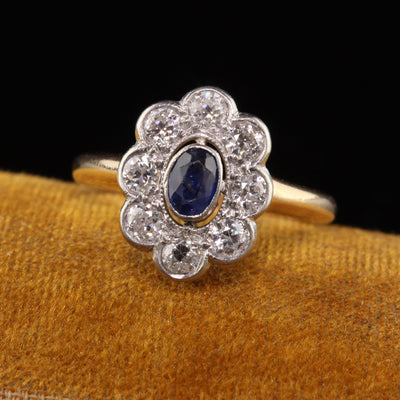 Antique Art Deco 14K Yellow Gold and Platinum Old Euro Diamond and Sapphire Ring