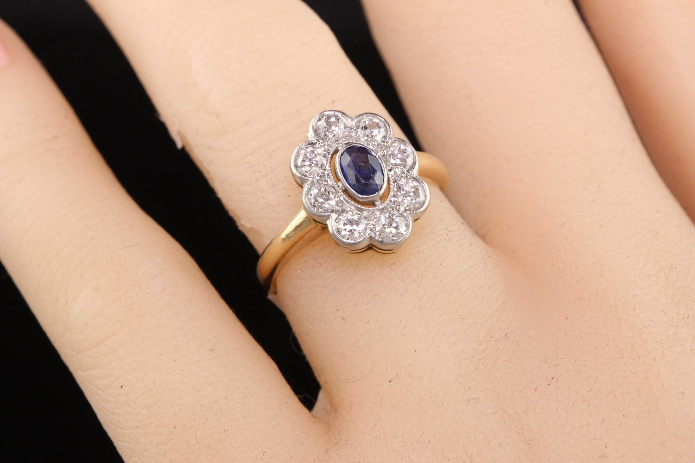 Antique Art Deco 14K Yellow Gold and Platinum Old Euro Diamond and Sapphire Ring