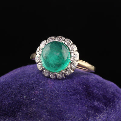 Antique Edwardian 14K Yellow Gold Platinum Top Colombian Emerald Engagement Ring