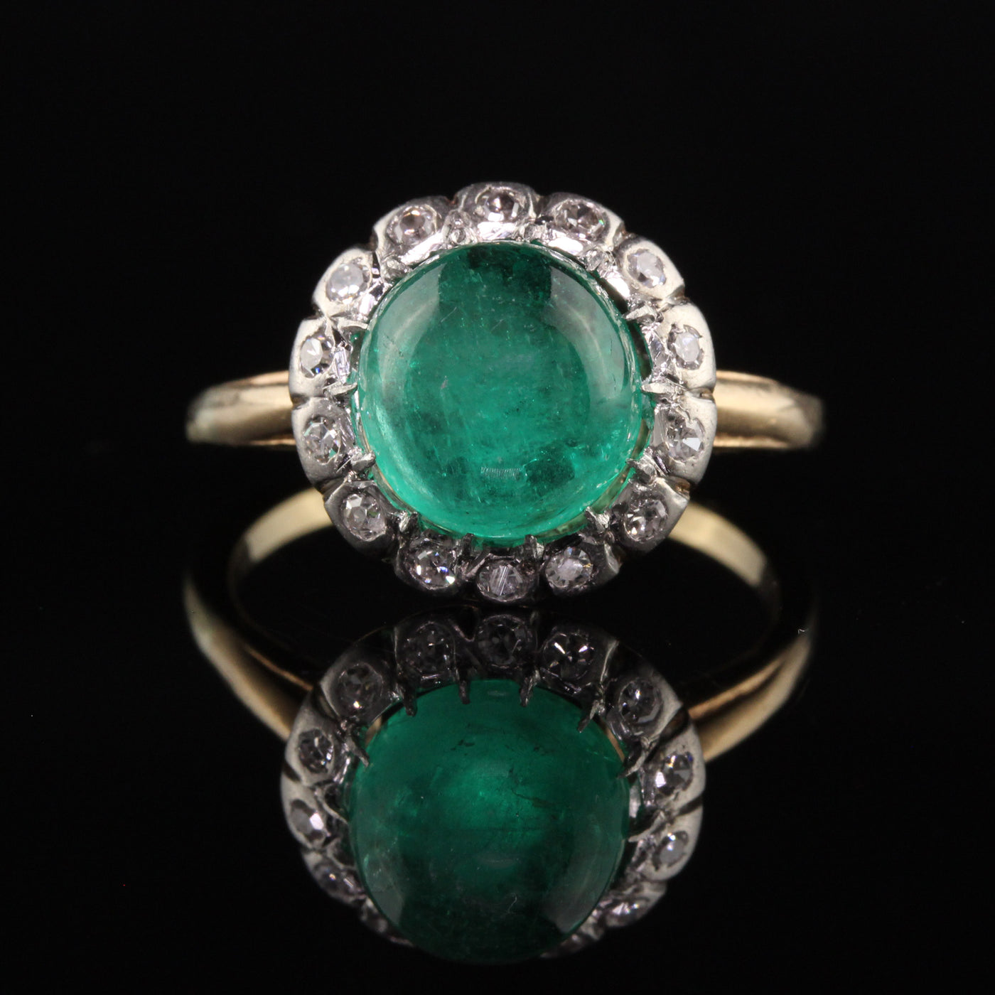 Antique Edwardian 14K Yellow Gold Platinum Top Colombian Emerald Engagement Ring