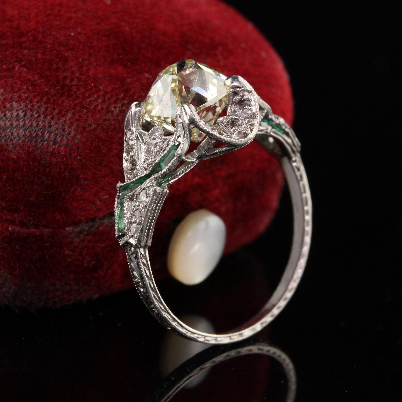 Antique Art Deco Platinum Old Mine Cut Diamond Emerald Engagement Ring