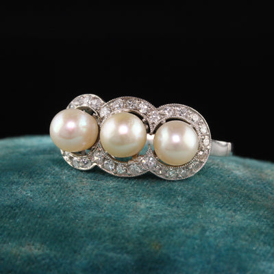 Antique Art Deco Platinum Pearl and Diamond Three Stone Ring