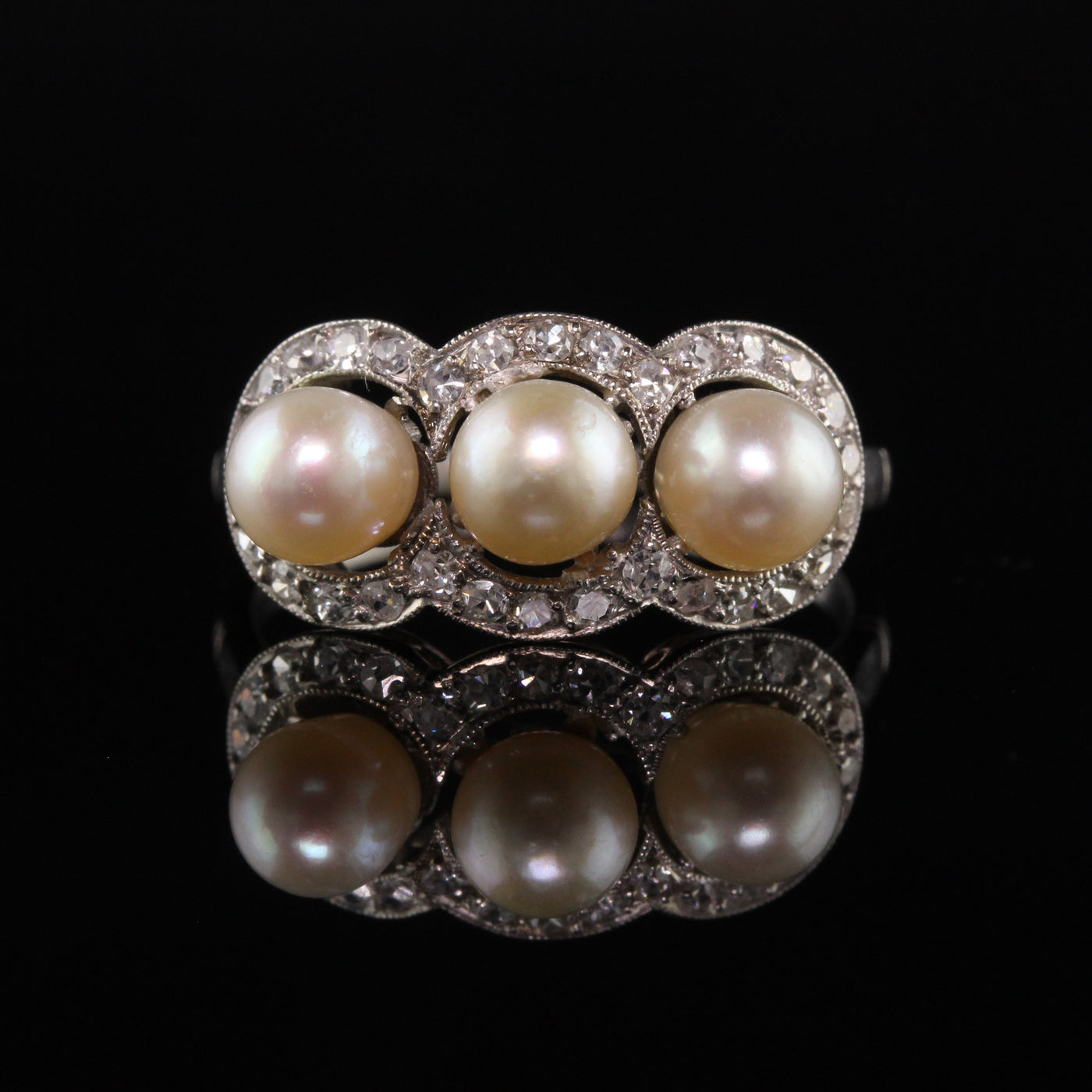 Antique Art Deco Platinum Pearl and Diamond Three Stone Ring