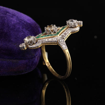 Antique Edwardian 18K Yellow Gold and Platinum Diamond and Emerald Ring