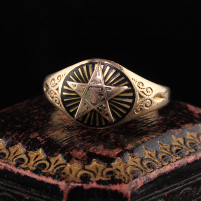 Antique Art Deco 10K Yellow Gold Masonic Black Enamel Ring
