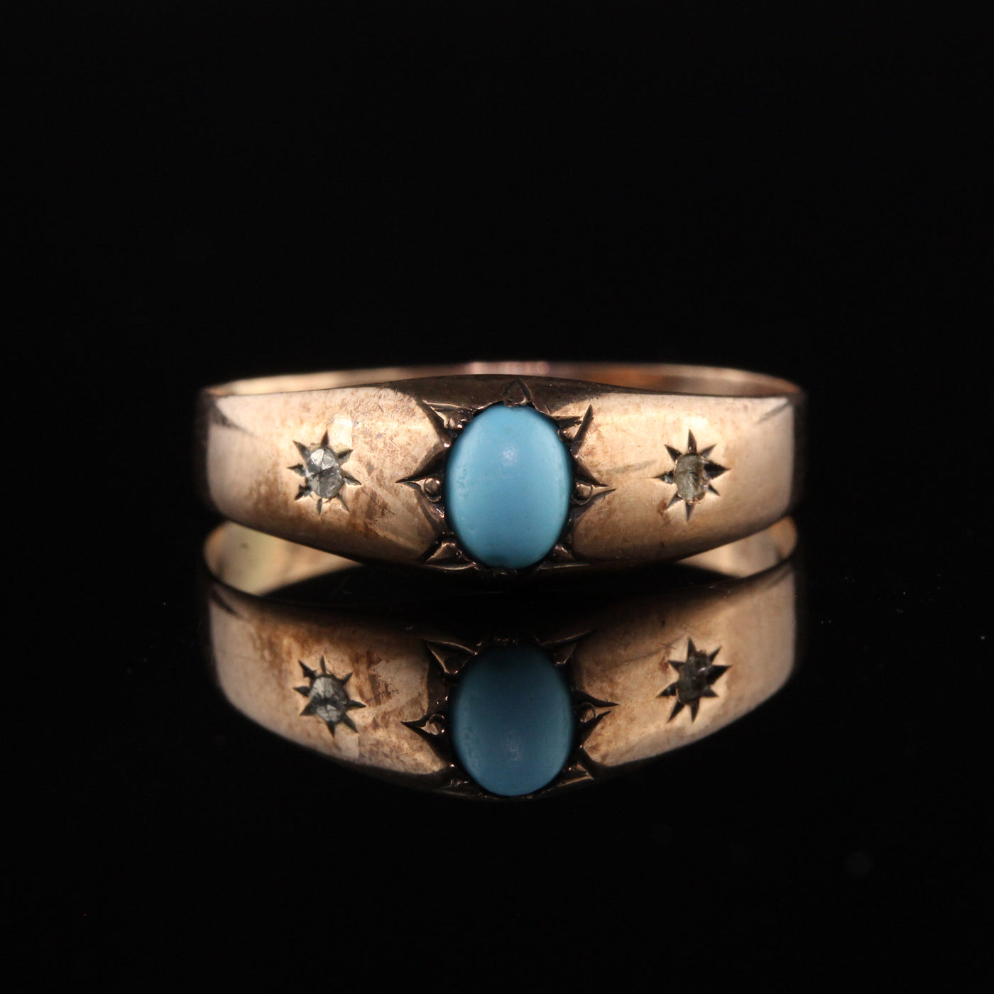 Antique Victorian 9K Rose Gold Turquoise and Diamond Ring
