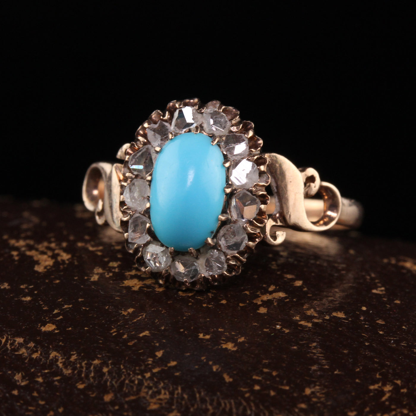 Antique Victorian 14K Yellow Gold Turquoise and Rose Cut Diamond Engagement Ring