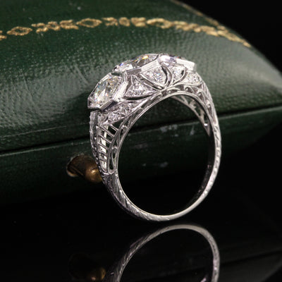 Antique Art Deco Platinum Old European Diamond Filigree Three Stone Ring
