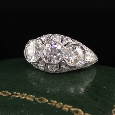 Antique Art Deco Platinum Old European Diamond Filigree Three Stone Ring