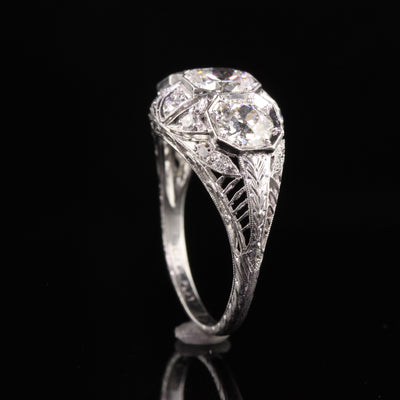 Antique Art Deco Platinum Old European Diamond Filigree Three Stone Ring