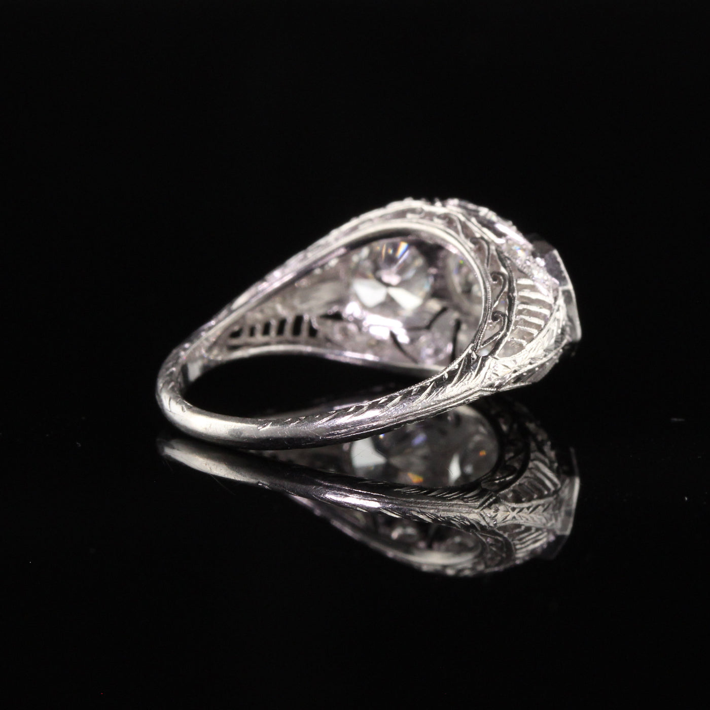 Antique Art Deco Platinum Old European Diamond Filigree Three Stone Ring