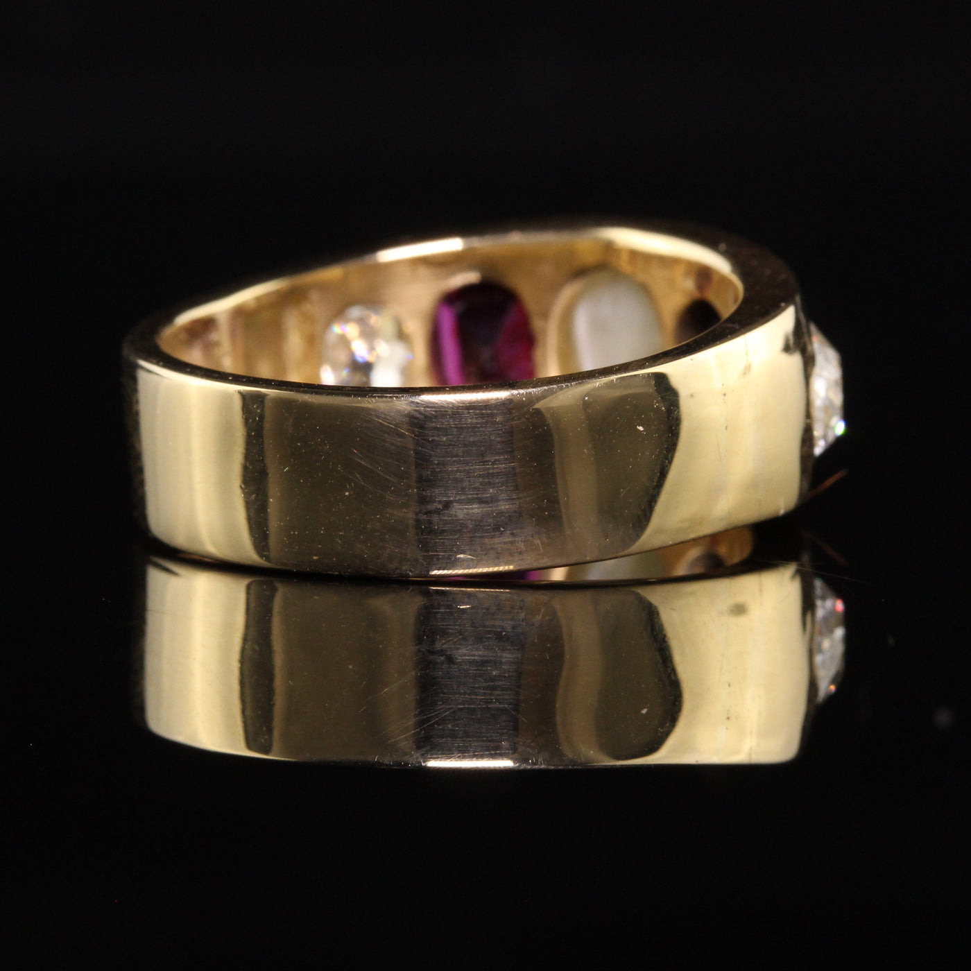 Vintage Retro 18K Yellow Gold Old Mine Diamond Ruby Sapphire Gypsy Ring