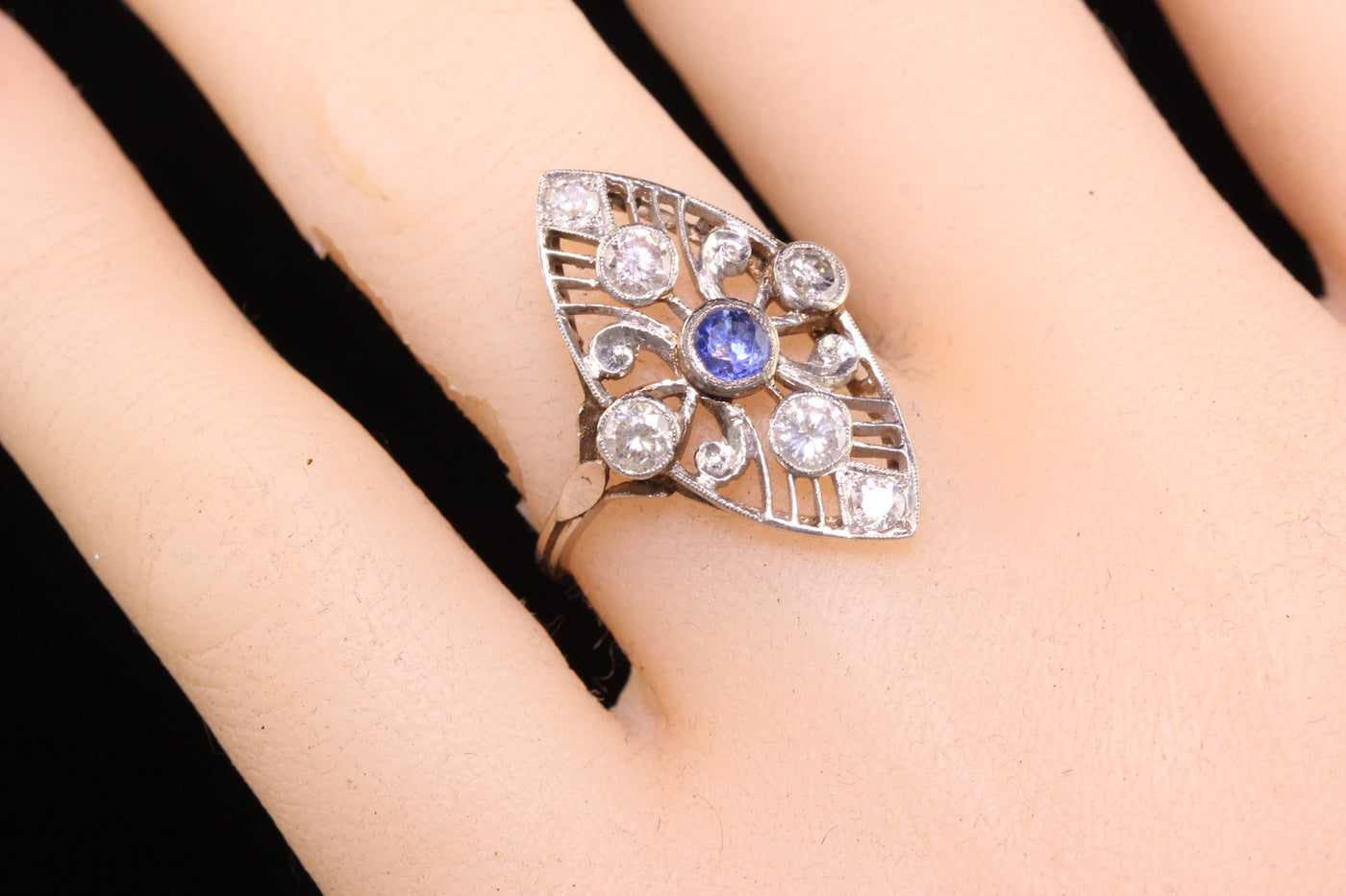 Antique Art Deco Platinum Old Euro Diamond Sapphire Navette Ring