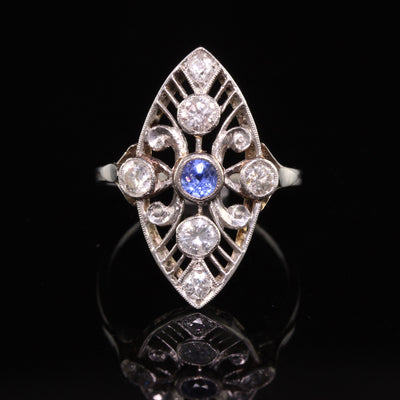 Antique Art Deco Platinum Old Euro Diamond Sapphire Navette Ring