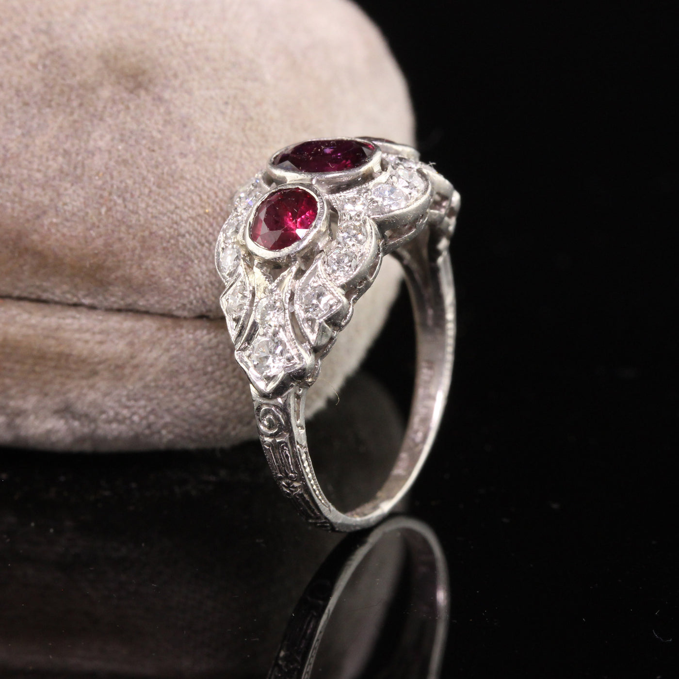 Antique Art Deco Platinum Old Euro Diamond and Ruby Three Stone Ring