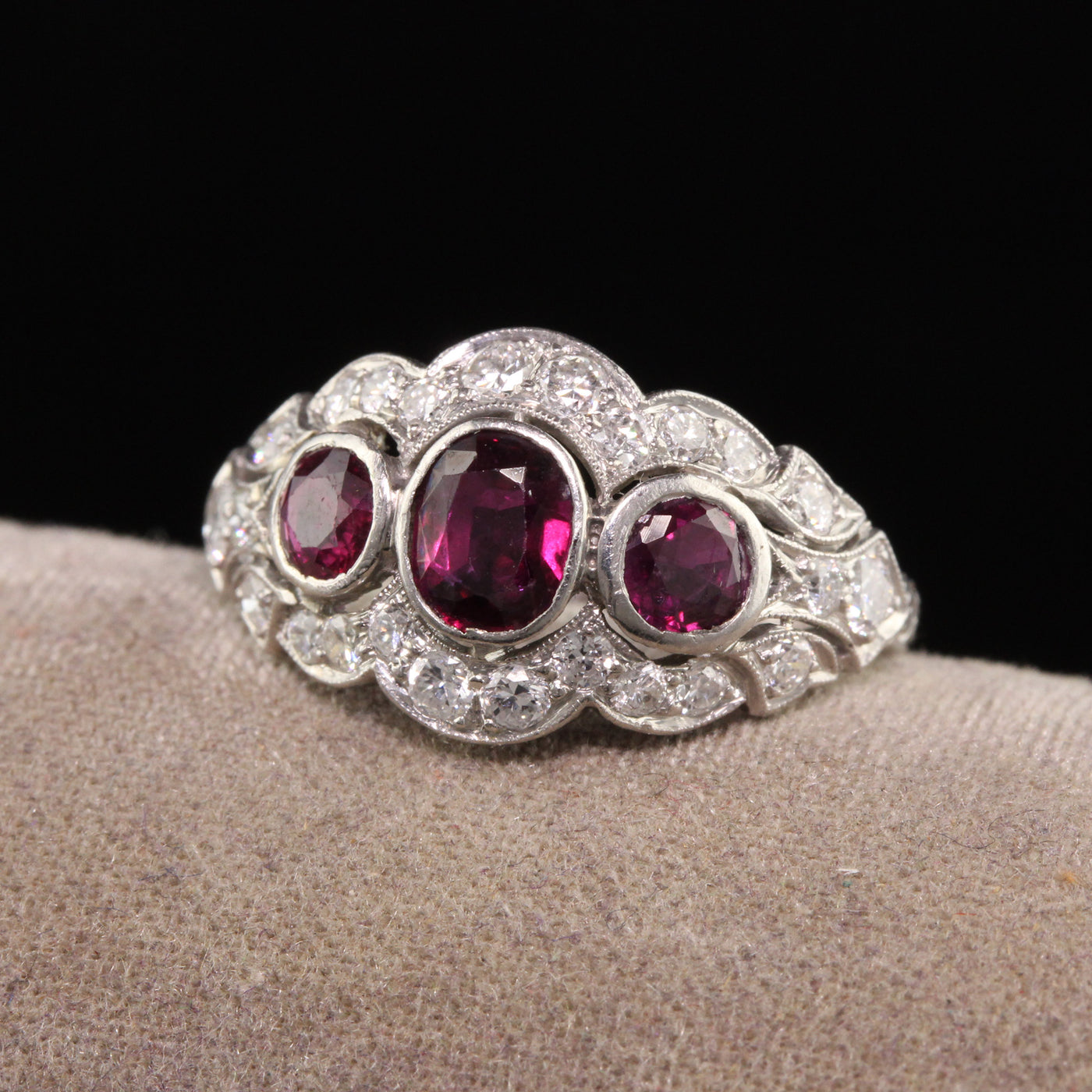 Antique Art Deco Platinum Old Euro Diamond and Ruby Three Stone Ring