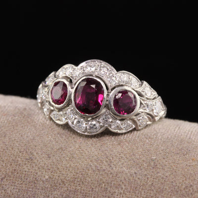 Antique Art Deco Platinum Old Euro Diamond and Ruby Three Stone Ring