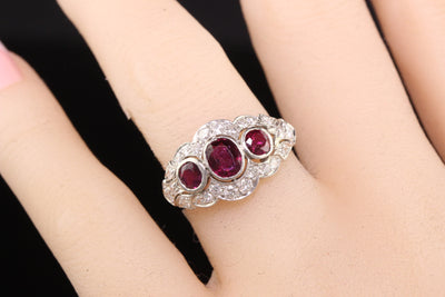 Antique Art Deco Platinum Old Euro Diamond and Ruby Three Stone Ring