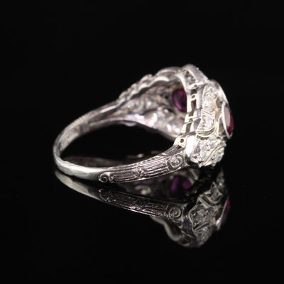 Antique Art Deco Platinum Old Euro Diamond and Ruby Three Stone Ring