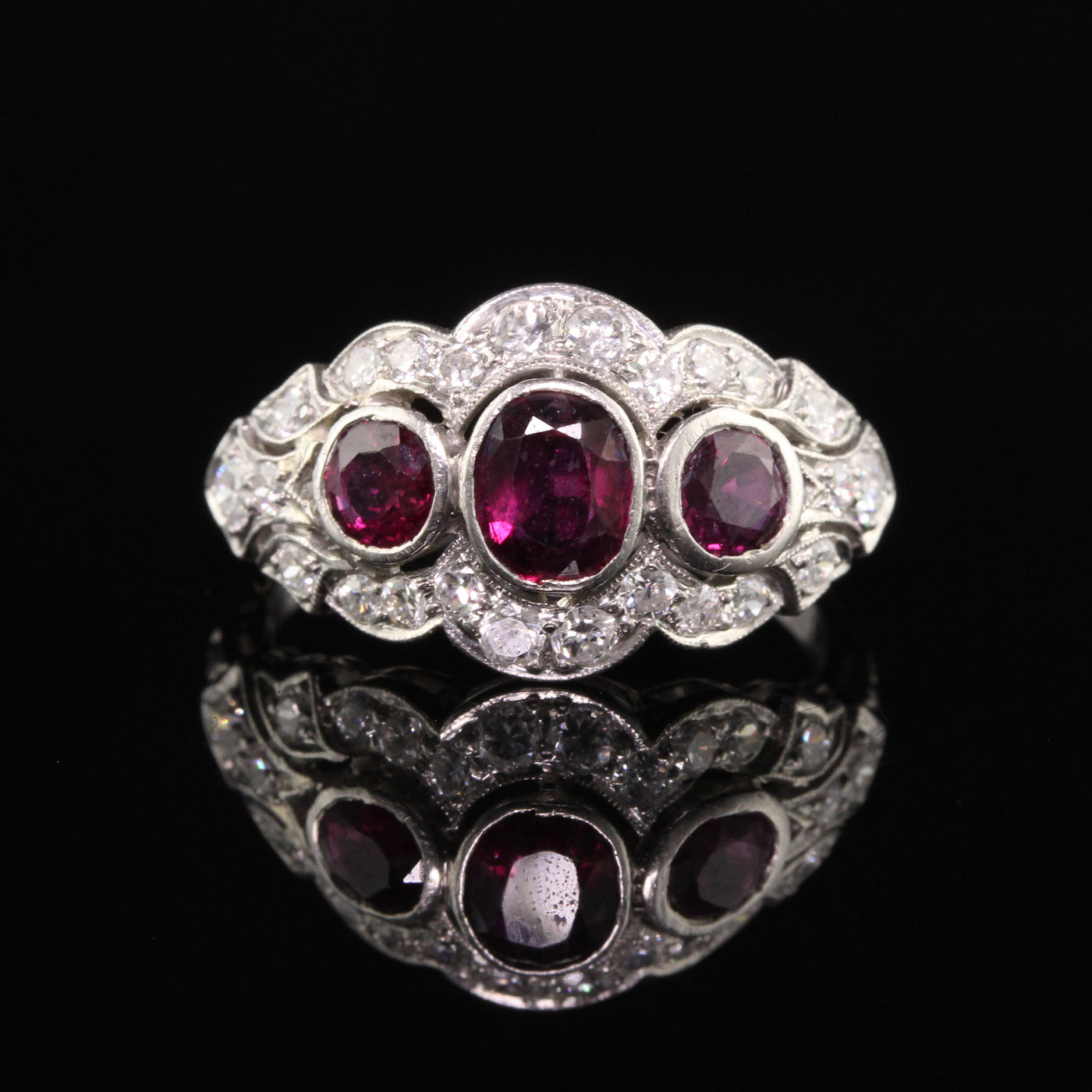 Antique Art Deco Platinum Old Euro Diamond and Ruby Three Stone Ring