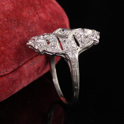 Antique Art Deco Platinum Old Euro Diamond Filigree Shield Ring