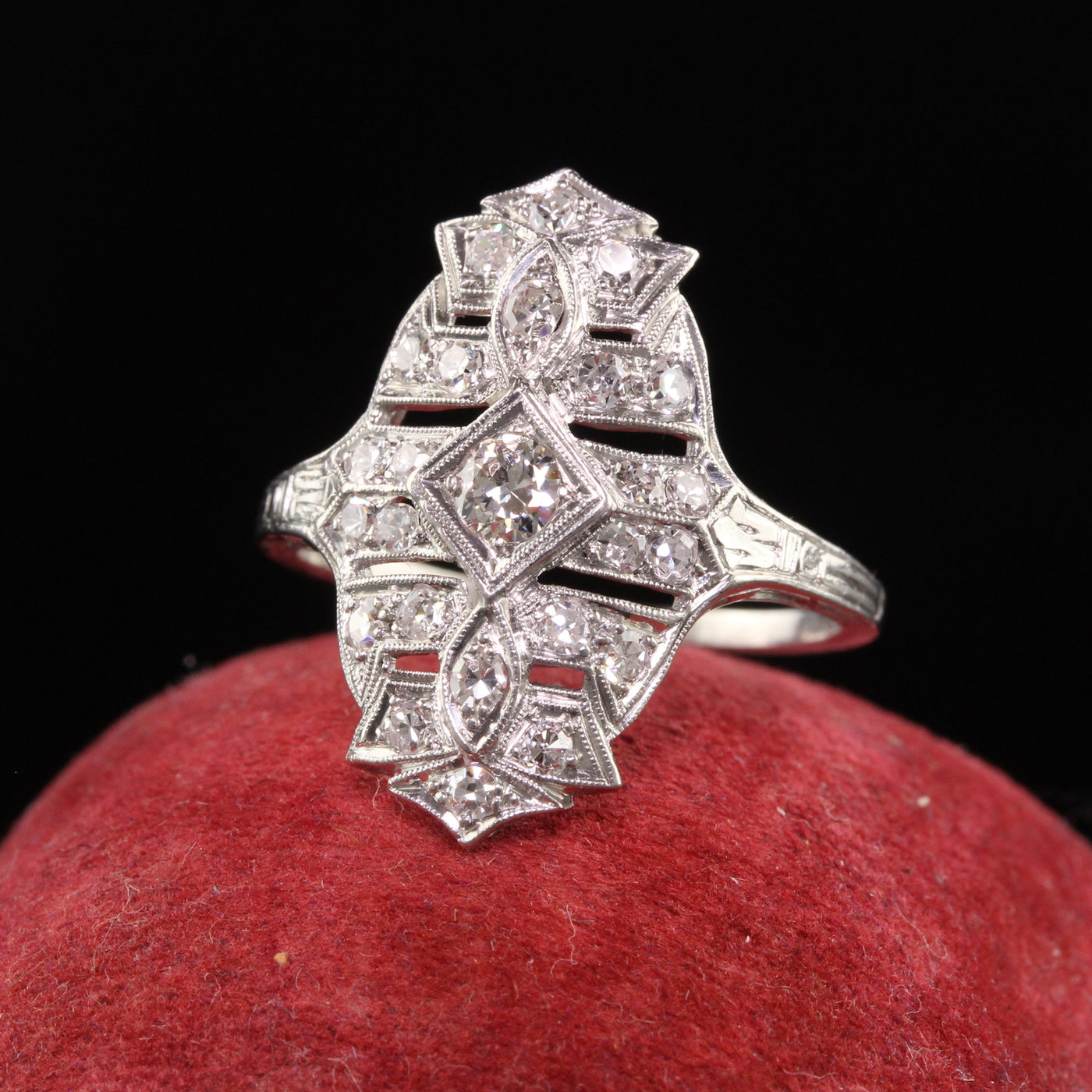 Antique Art Deco Platinum Old Euro Diamond Filigree Shield Ring