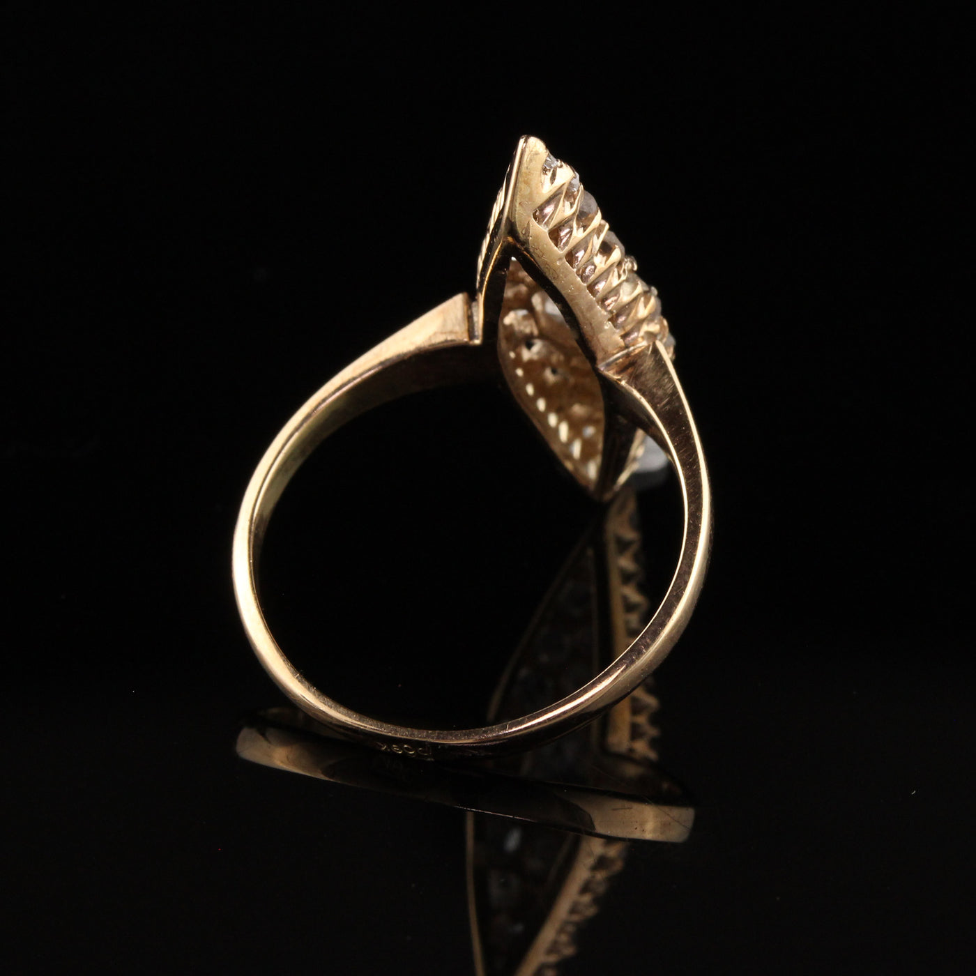 Antique Victorian Russian 14K Yellow Gold Rose Cut Diamond Navette Ring